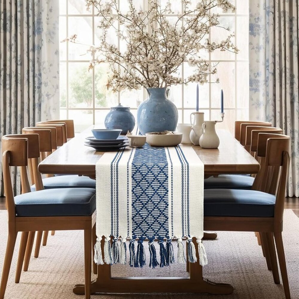 Blue and White Table Runner Farmhouse Style - Coastal Boho Woven Table Runner 72